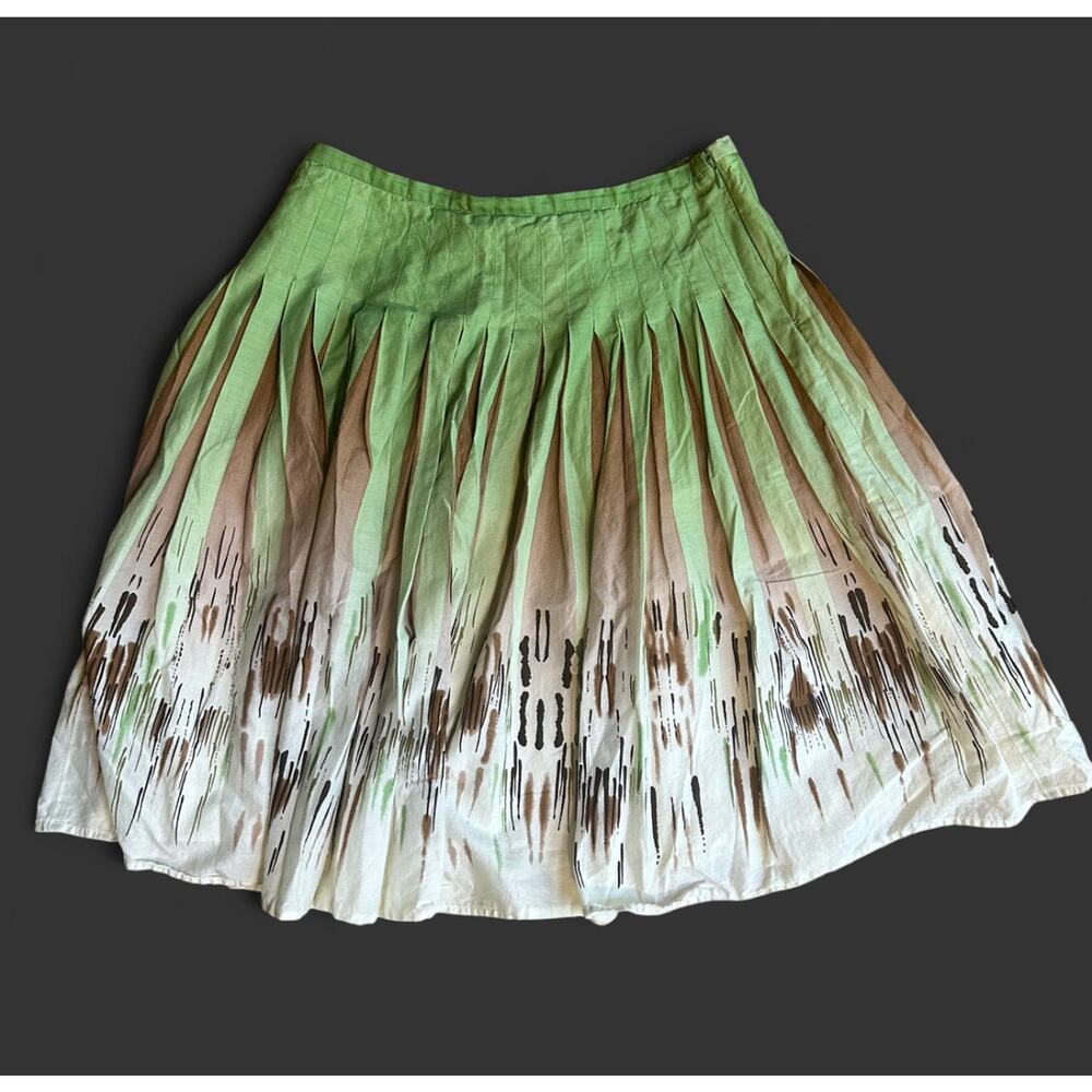 BCBG MaxAzira Medium Cotton Boho Green Brown Skater Pleated Midi Skirt
